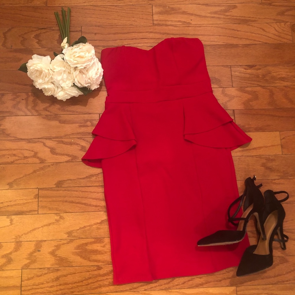 Red Strapless Peplum Bella D Dress- L